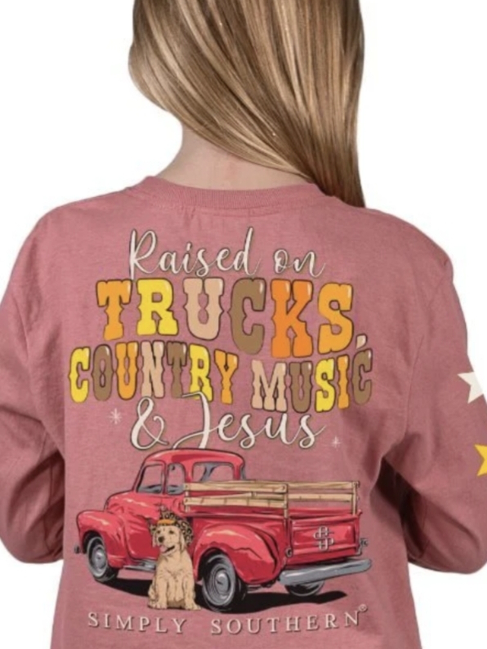 Simply Southern Pink Tee With Raised On Trucks, Country Music & Jesus